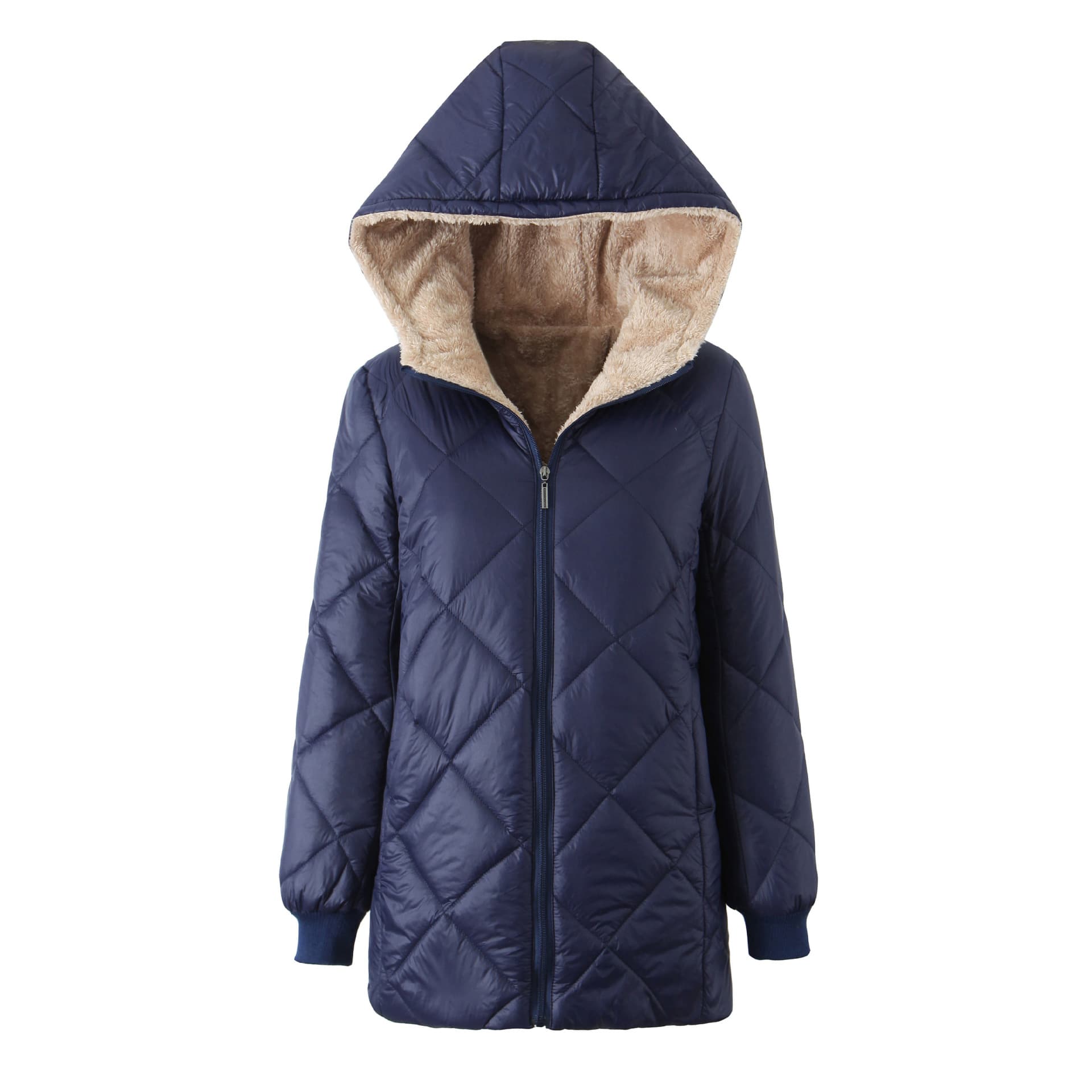 Women's Quilted Puffer Jacket – Winter Long Sleeve Coat With Diamond Stitch Design, Loose Fit Polyester Outerwear For Casual & Streetwear Fashion