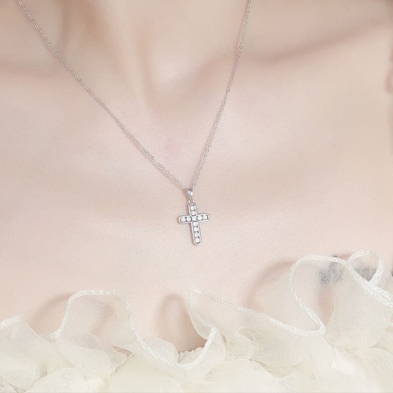 Women's Jewelry Elegant Cross Pendant Necklace In 925 Sterling Silver With Moissanite Accents, Dainty Layering Chain For Everyday Wear
