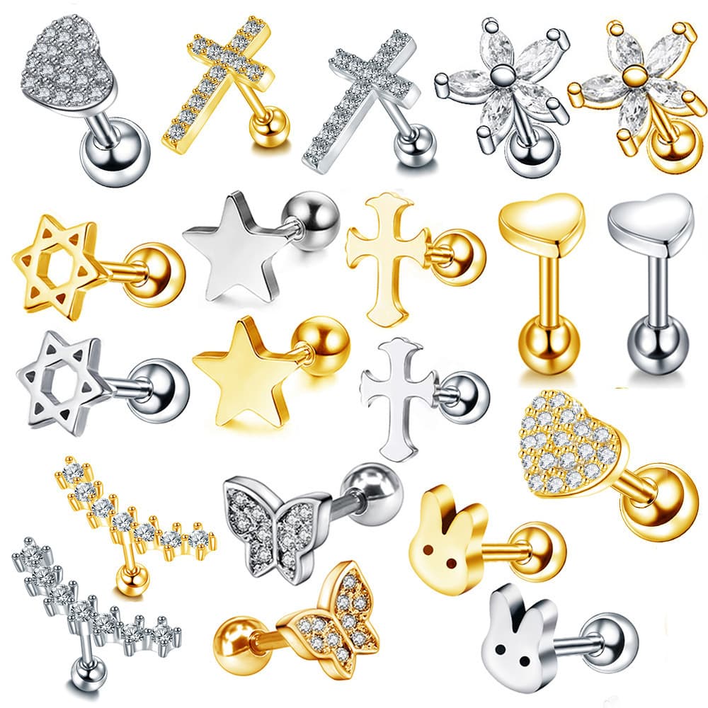 New stainless steel ear bone nail five-pointed star peach heart cross micro-inlaid zircon ear nail screw screw ball puncture jewelry
