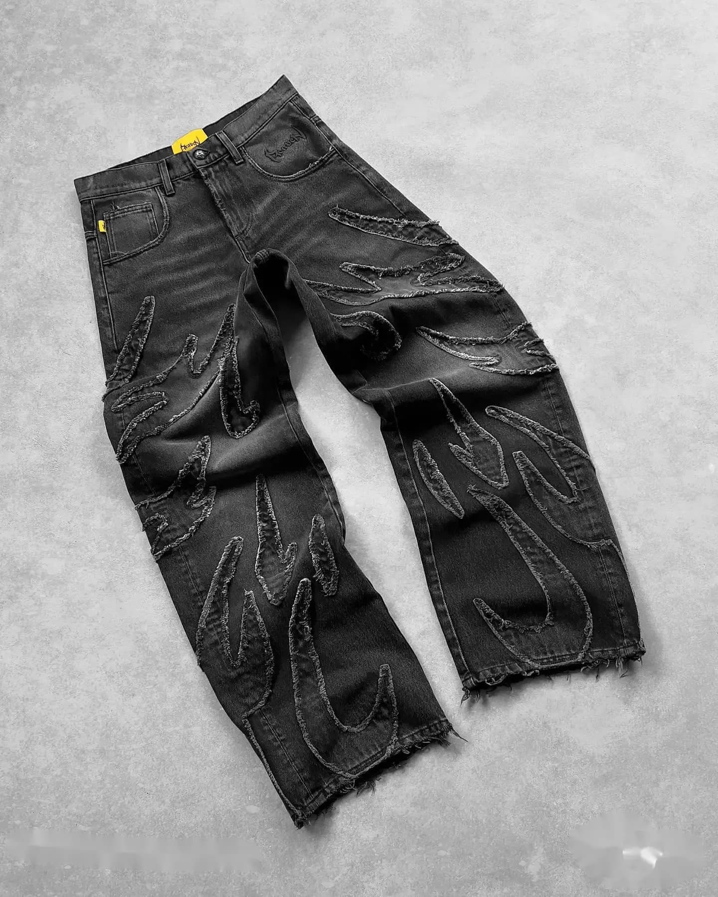 Y2k Retro Black Baggy Jeans For Men Hip Hop Punk Raw Edge Embroidery Vintage Pattern Patchwork High Waisted Denim Pants