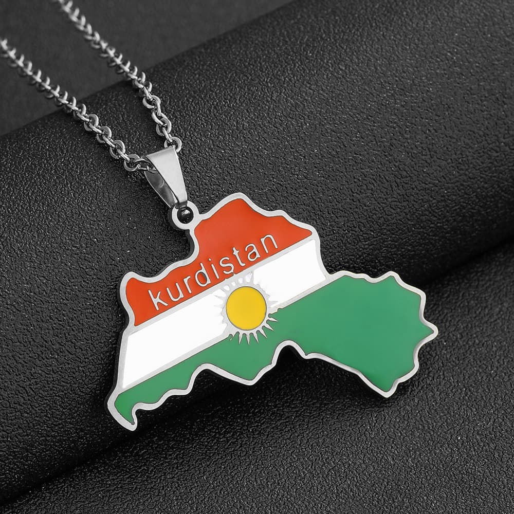 Collier avec pendentif carte du Kurdistan en forme de goutte d'huile, style rétro, en acier inoxydable, pour hommes et femmes