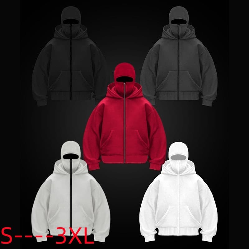Solid Color Sweatshirt Plain Hooded Zipper Jacket Masked Men Spring Autumn Winter Couple Style