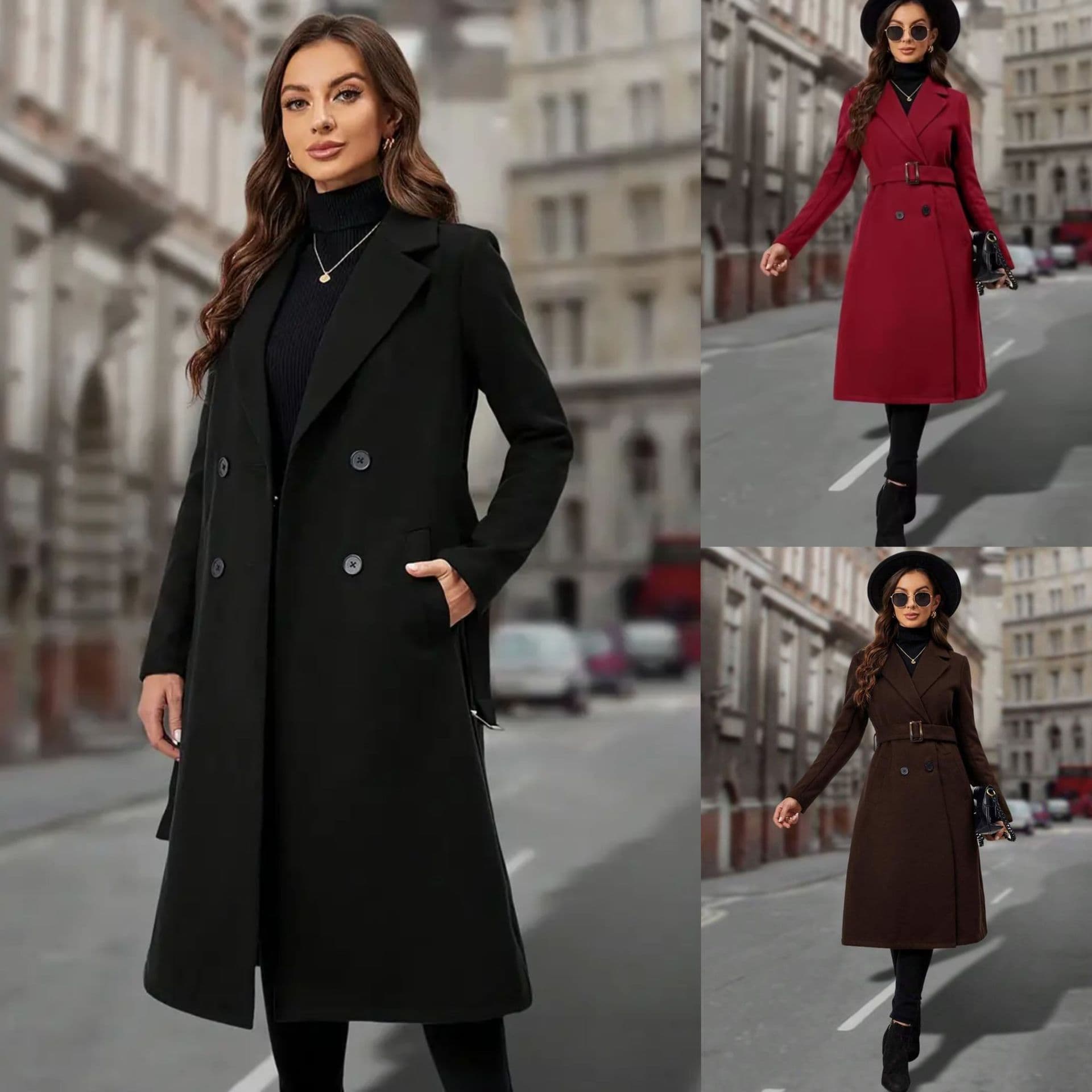 ​​Elegant Double-Breasted Trench Coat - Women's Long Wool Blend Coat With Belt, Slim Fit Overcoat For Autumn/Winter​​