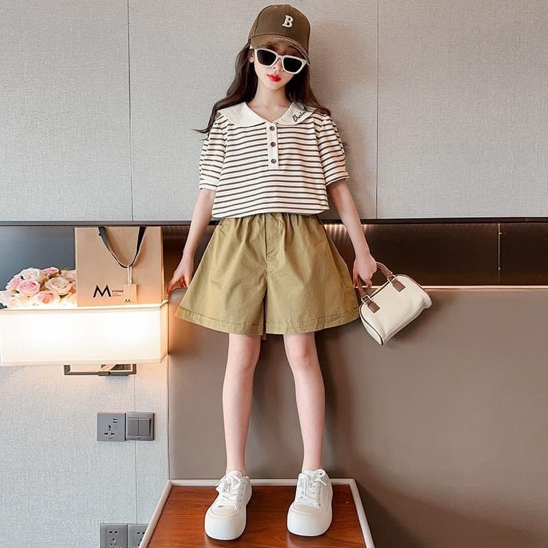 Korean Version 2024 New Children's Doll Neck Short Sleeve Fashionable Girls Summer Stripe Two Piece Set