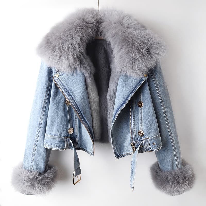 Women's Clothing autumn and winter new fox fur collar rabbit fur lining fashionable small denim jacket women's short top jacket