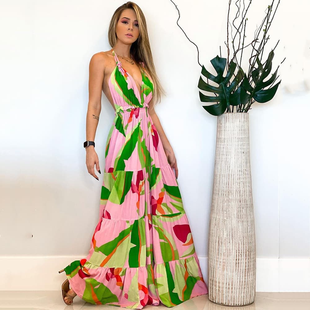 Spring And Summer New European And American Women's Clothing Deep V Backless Dress Bohemian Floral Long Dress With Sling