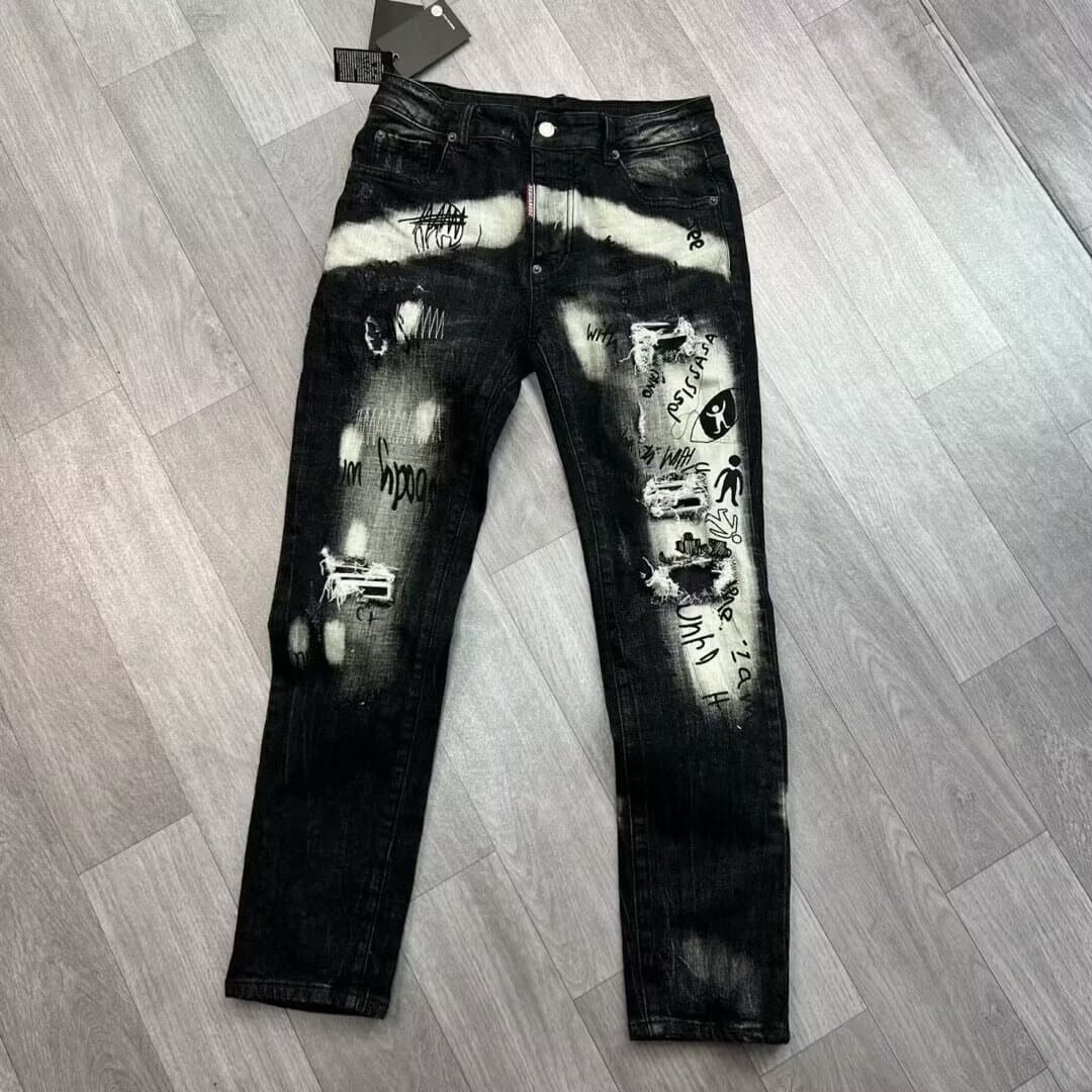 Men's Premium Stretch Jeans – Distressed Graffiti Print Slim Fit Denim Pants With Patchwork & Splatter Paint Design – Comfortable Cotton