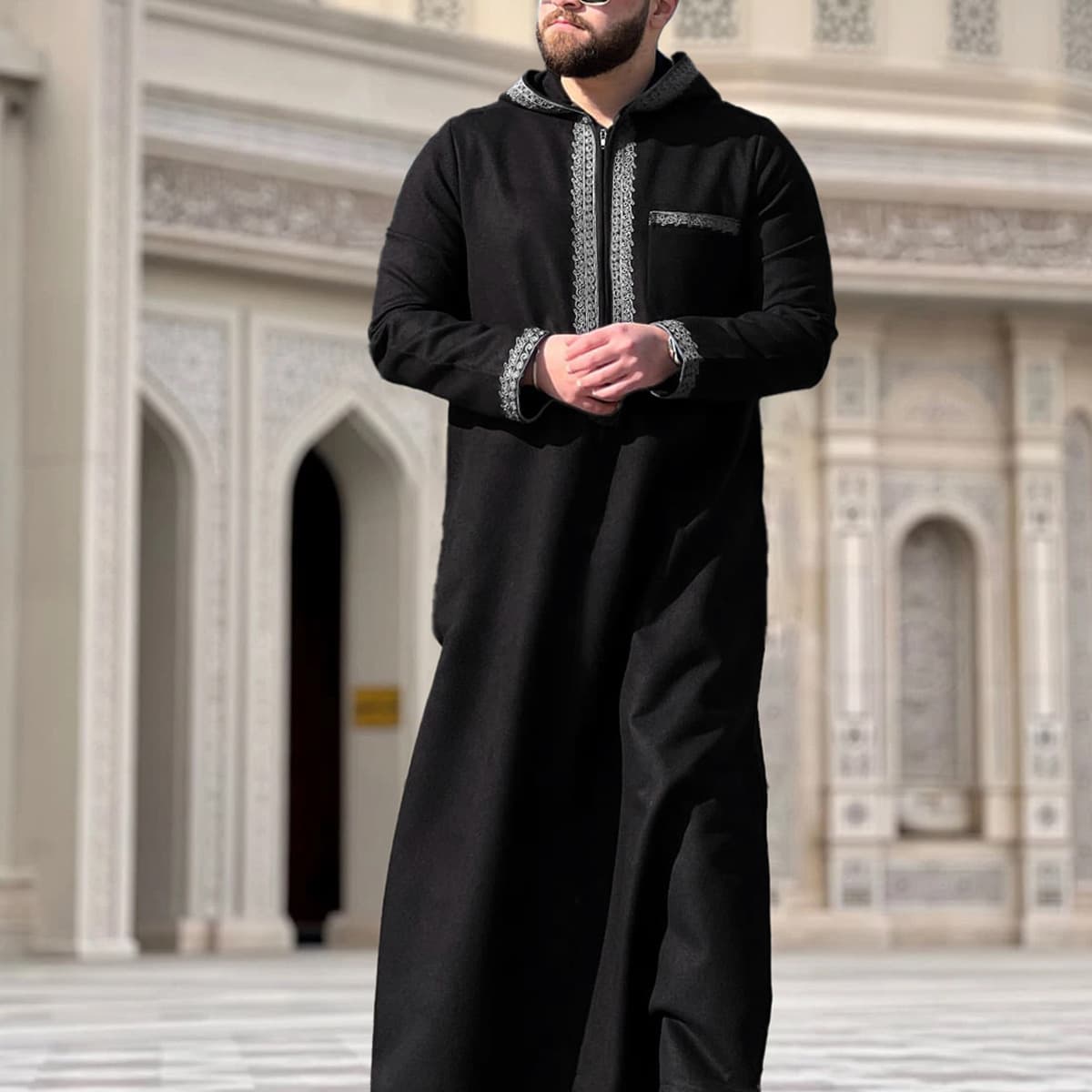 Foreign Trade Middle East Sleeve Hooded Zipper Embroidered Loose Arabic Clothing Muslim Men's Long Robe