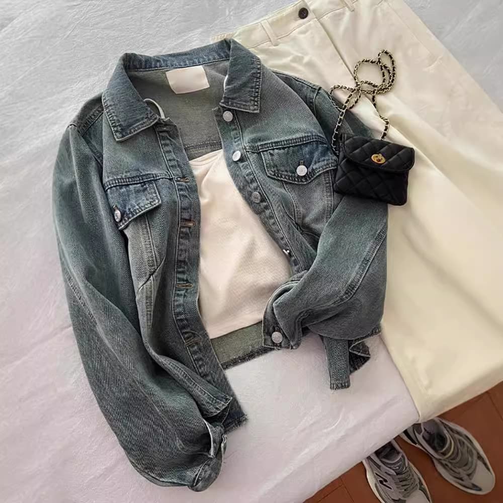 Women's Clothing Vintage Blue Lapel Denim Coat Women's Early Spring Loose All-match Hong Kong-style Jacket Short Top