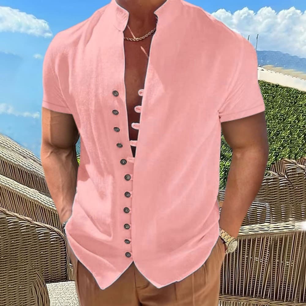 2023 Summer Men's Cotton And Button Standing Neck Short Sleeved Shirt