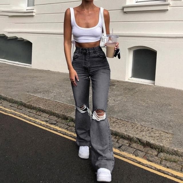 Women’s Clothing High Waist Retro Elastic Slim Fit Knee Ripped Flare Pants