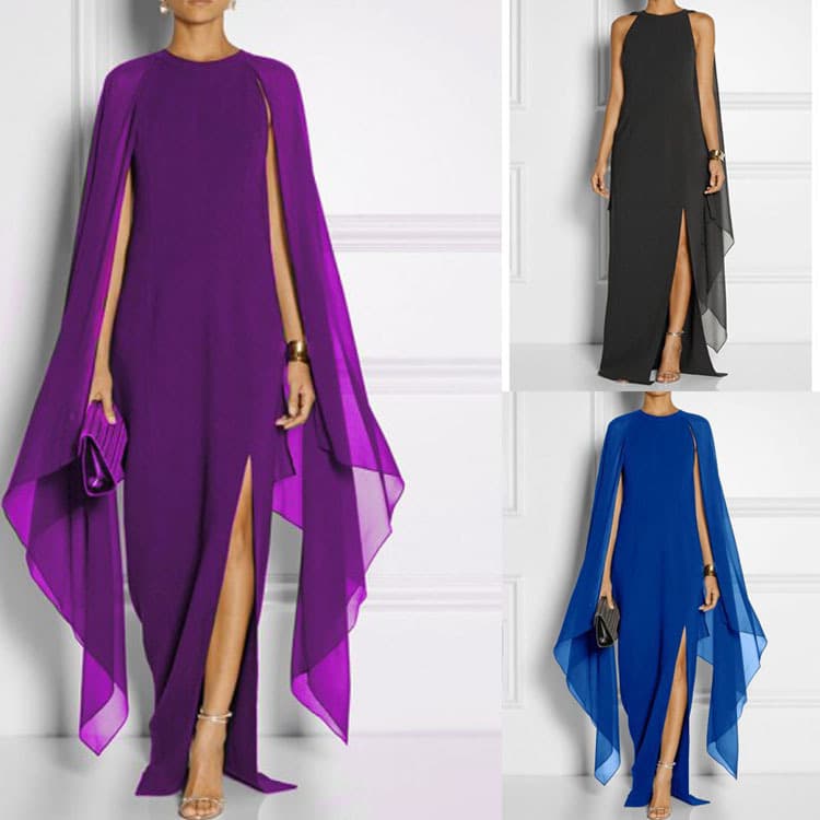 Women's chiffon sleeveless shawl evening gown long dress