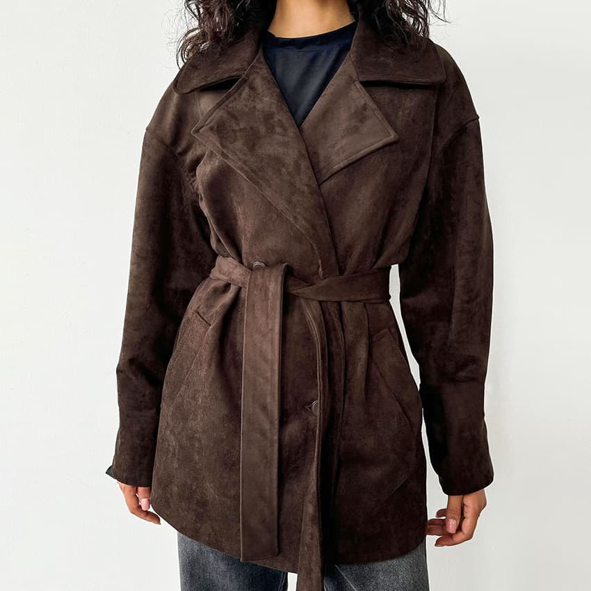 Retro Brown Suede Jacket Lace Up Coat Women's Design Sense Temperament Fashion 2025 Autumn And Winter New Style