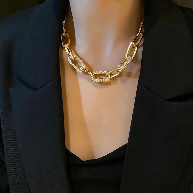 Exaggerated Thick Chain Women, Hip-Hop Metal Micro-Inlaid Zircon Niche Design Trendy Alloy Necklace For Women