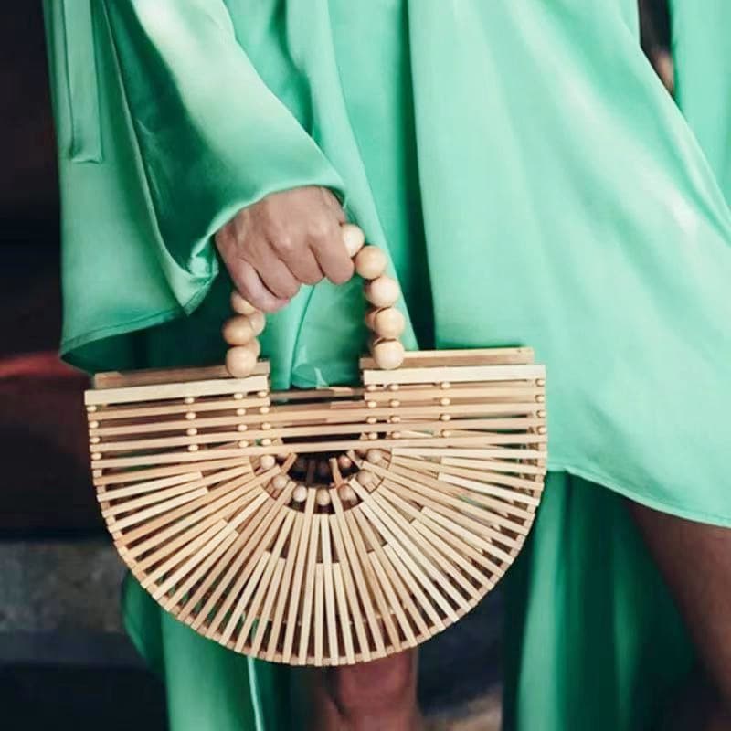 Wooden Bead Hand held Woven Bamboo Bag Retro Ladies Hand held Woven Bag Fashion Beach Bag