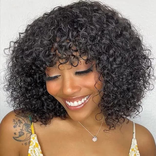 Perruques de cheveux humains bouclés courts bruns Pixie Bob avec frange Jerry Curly Wig Highlight perruques colorées pour femmes