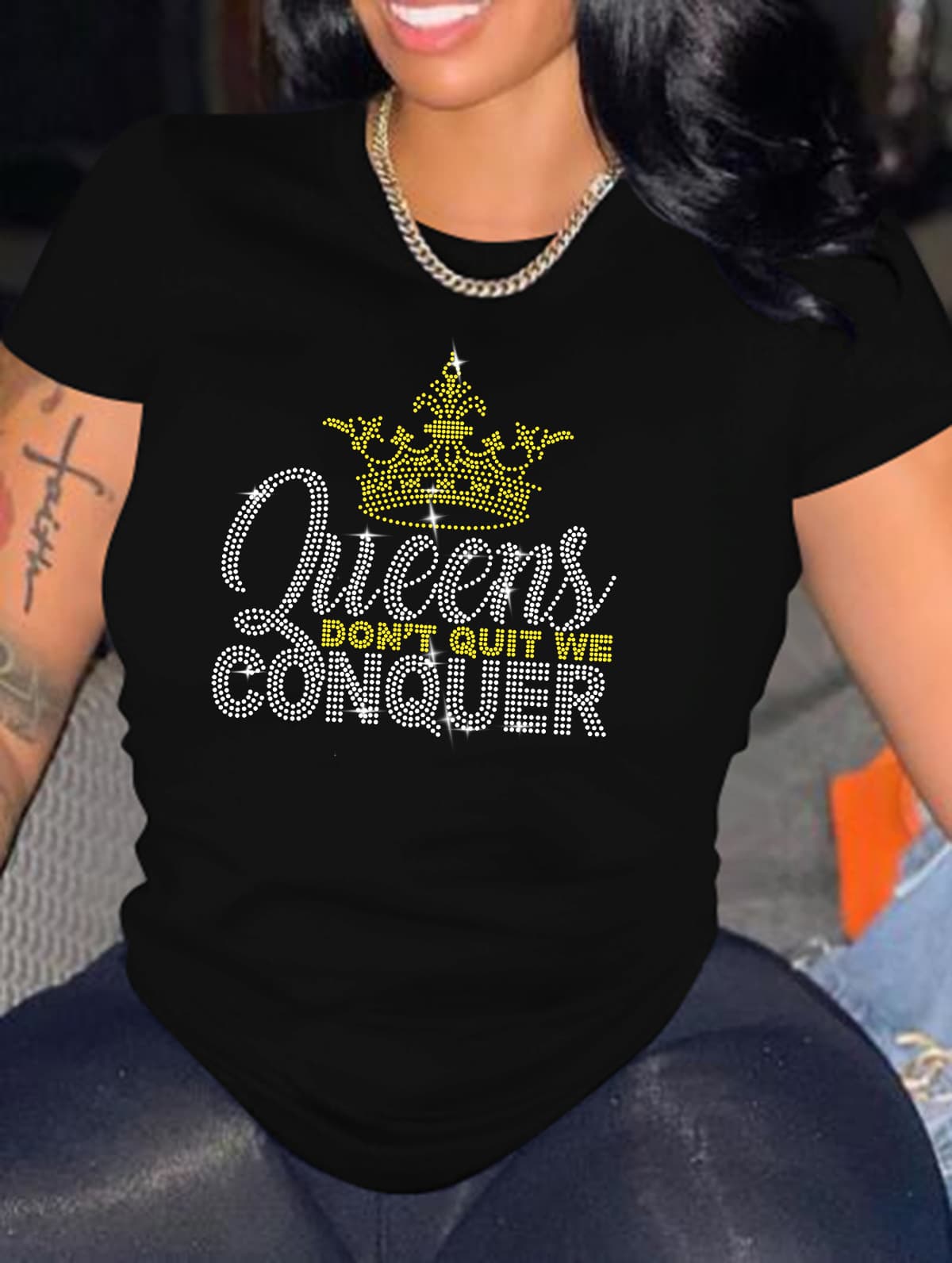 Women's hot diamond round neck T-shirt