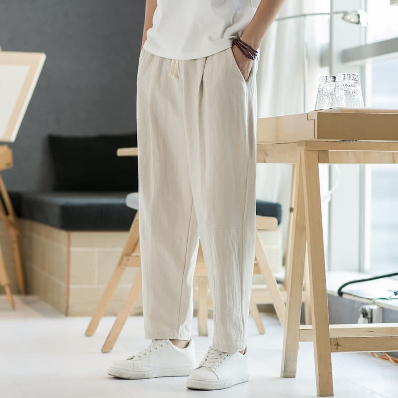 Man's clothing Summer casual pants men's linen loose linen pants nine points long pants straight leg pants