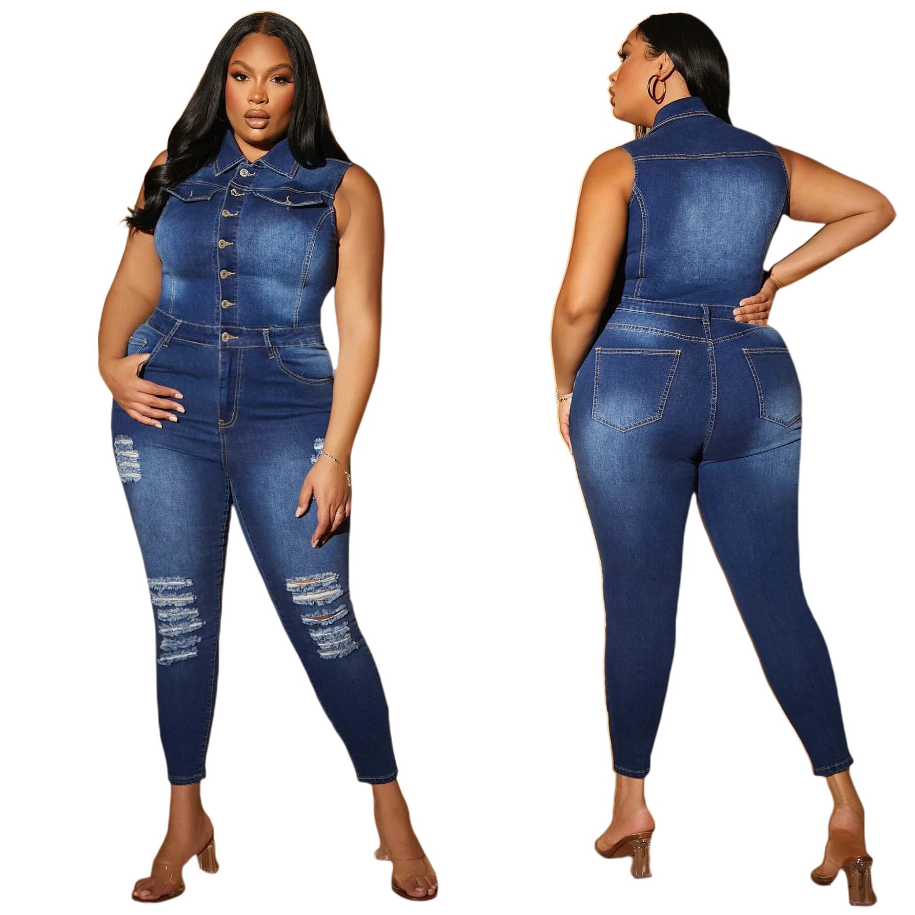 Women's Sexy Fashion Denim Spray-on Hole Jumpsuit Ready For Sale