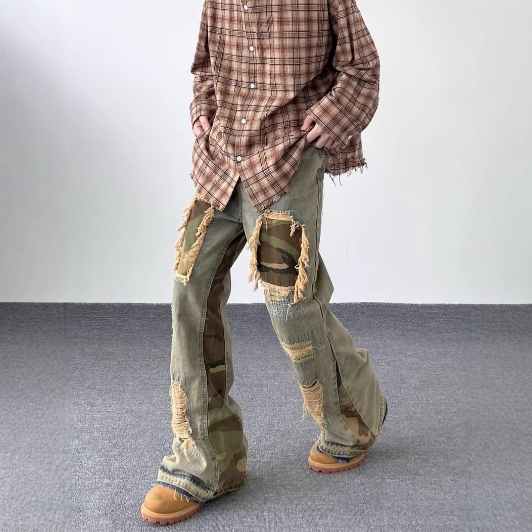 Men's Clothing High Street Jeans Cleanfit Retro Washed Distressed Camouflage Stitching Design Flared Trousers
