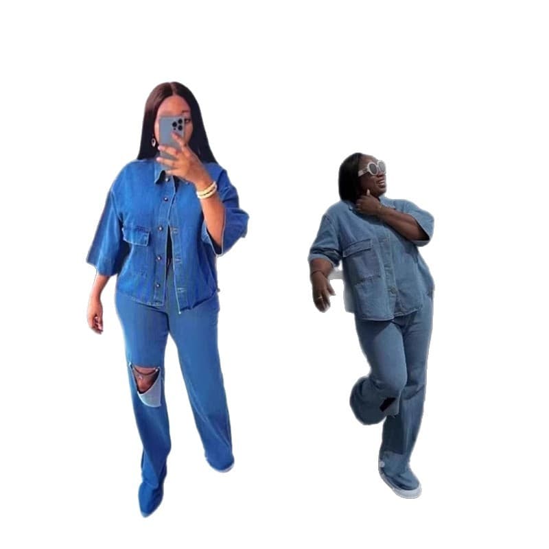 Women's Clothing Urban Nomad Two-Piece Set – Distressed Denim Pants & Button-Up Shirt (Raw Hem, Patchwork Stitching, Cropped Sleeves)​