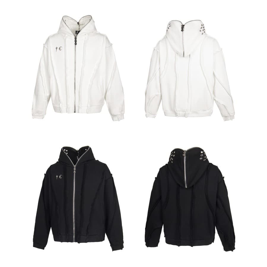 Thugclub Silver Mask Hoodie – Distressed Zip-Up With Metal Face Plate | Boxy Streetwear (Black/White)