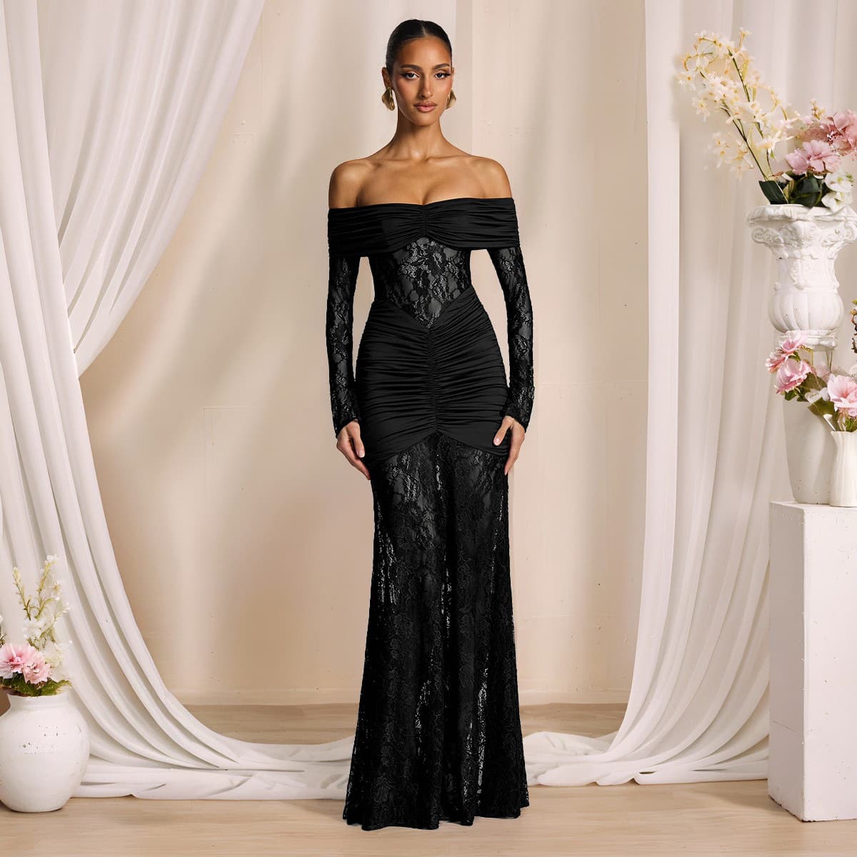 Women's Clothing Elegant Lace Trim Off-Shoulder Long Sleeve Bodycon Evening Dress For Women, High Waist Sexy Formal Gown In Black, Coffee, Wine Red