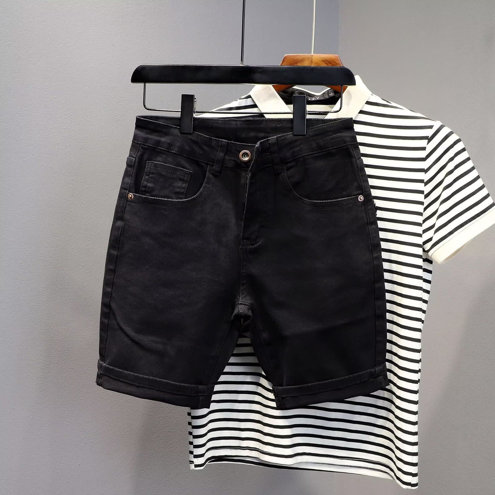 Men's Khaki Denim Shorts - Slim Straight Cut Stretch Casual Shorts For Summer, Versatile 5-Pocket Design In Khaki, Black, White