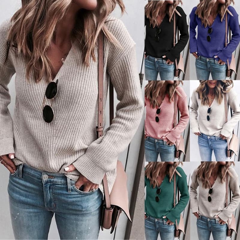 Women's fashion V-neck knit top sweater