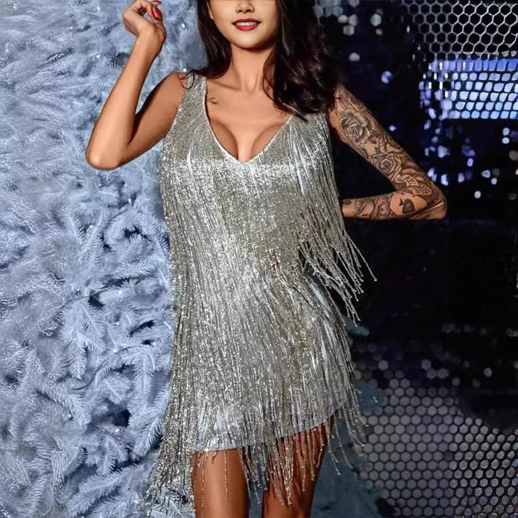 Women's Clothing New Tassel Skirt Elegant And Sexy Deep V Suspender Dress