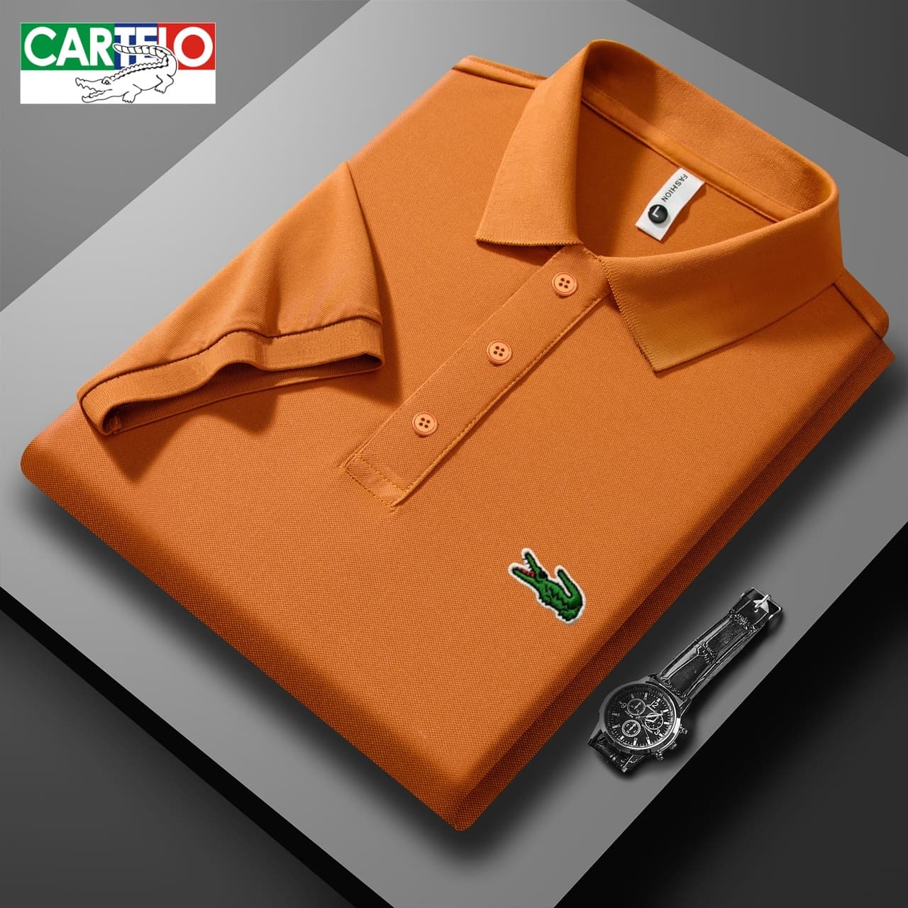 CARTELO Crocodile Men‘s Short Sleeve Polo Shirt - Vibrant Orange Pique Cotton, Breathable & Wrinkle-Resistant, Classic Green Crocodile Logo, Casual Su