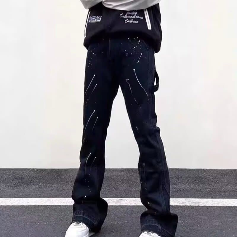 Men's Clothing High Street Vibe Style Zipper Slit Jeans Men Ins Loose Straight Ink Splashed Micro Flared Trousers