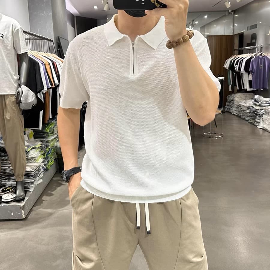 Men's Clothing Summer Lapel Polo Shirt Zipper Casual Half Sleeve Sports Fitness Solid Color Breathable Fashion Versatile Short Sleeved Top