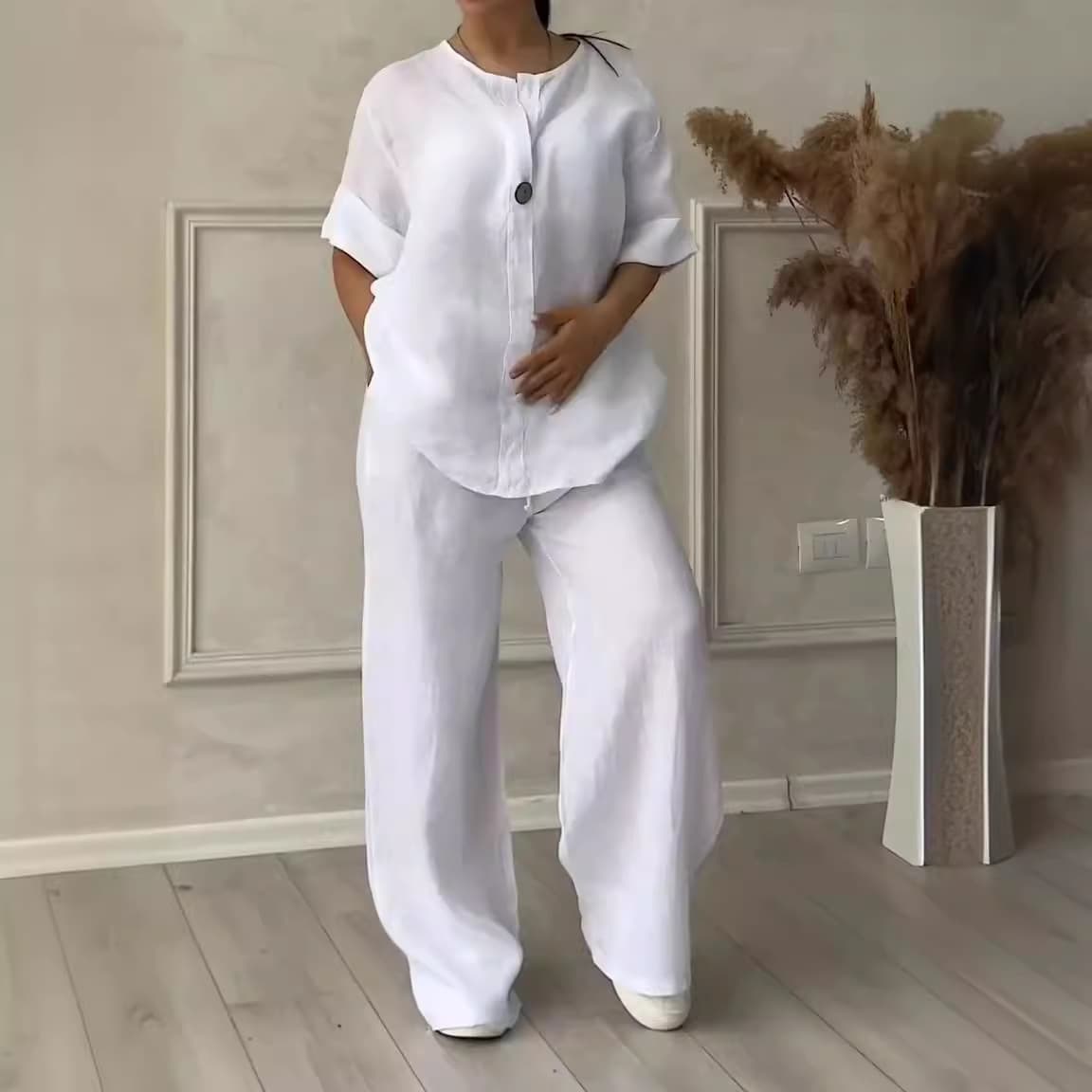 [Cotton Linen] Women's Clothing 2 Piece Set Large Size Cotton And Linen Shirt Set High Waist Loose Trousers