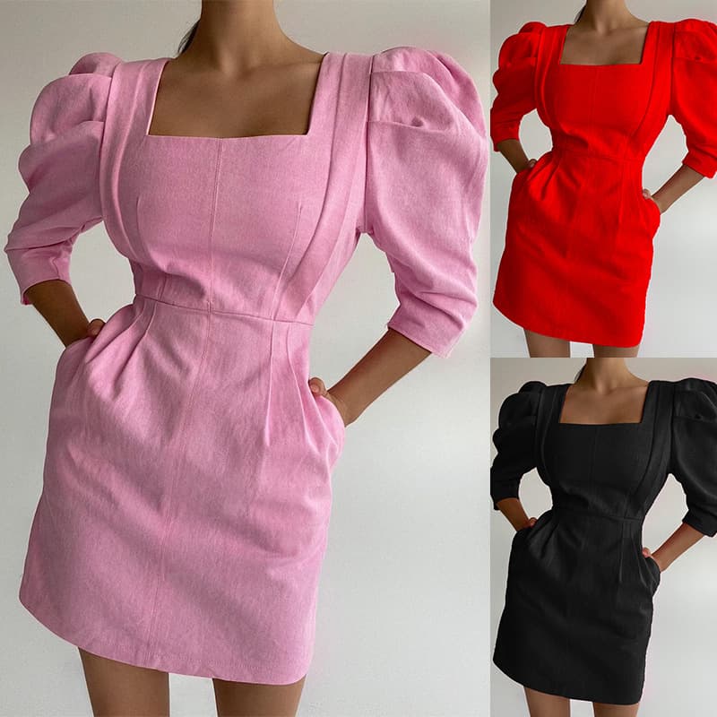 Women's Fashion Square Neck Solid Medium Length Cotton Linen Dress