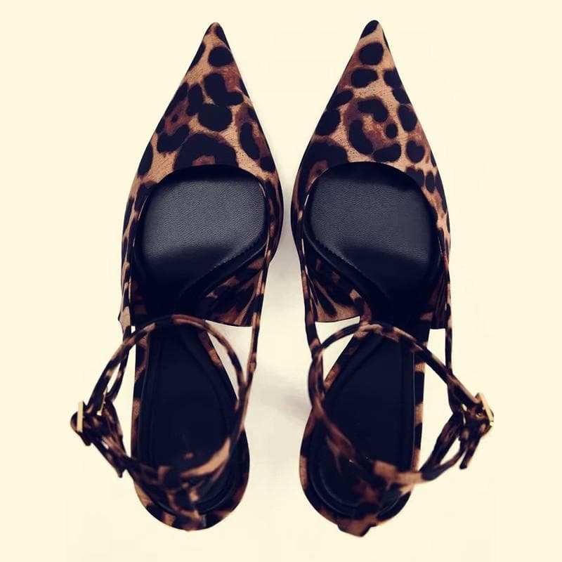 Women's Leopard Print Pointed Toe Mule Sandals With Back Strap Sexy High Heels For Professional And Casual Wear Pointed Toe Stiletto Sandals.