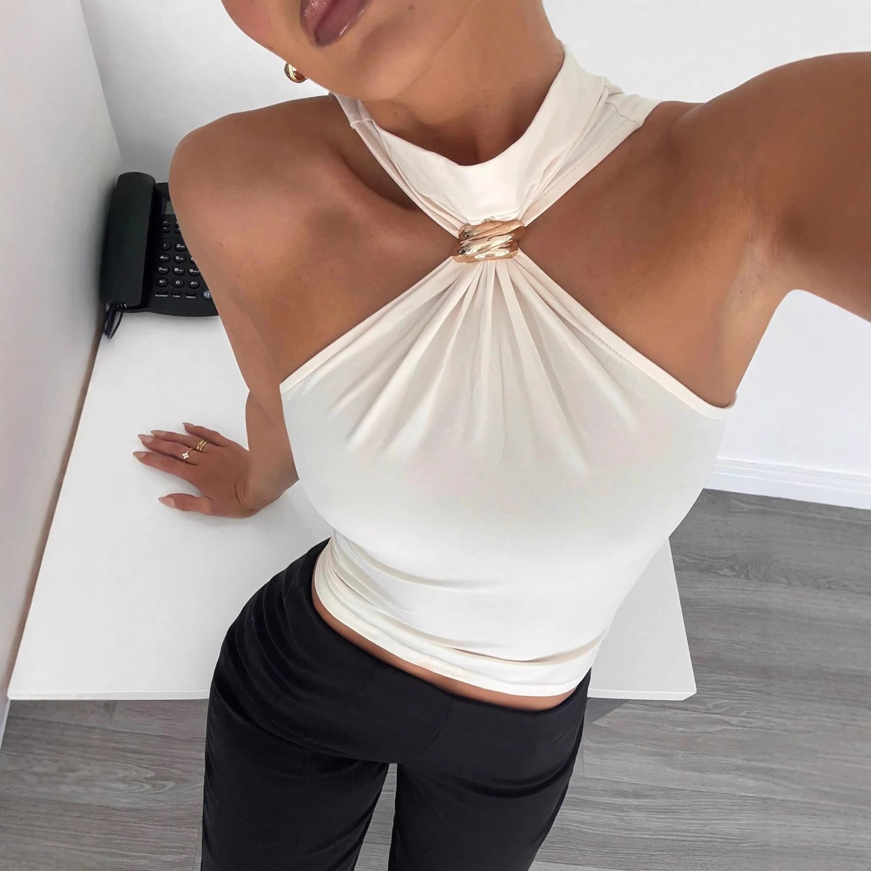 Women's Clothing High Neck Sleeveless Off-Shoulder Elastic Vest Spring/Summer Top Metal Ring Detail Fashion