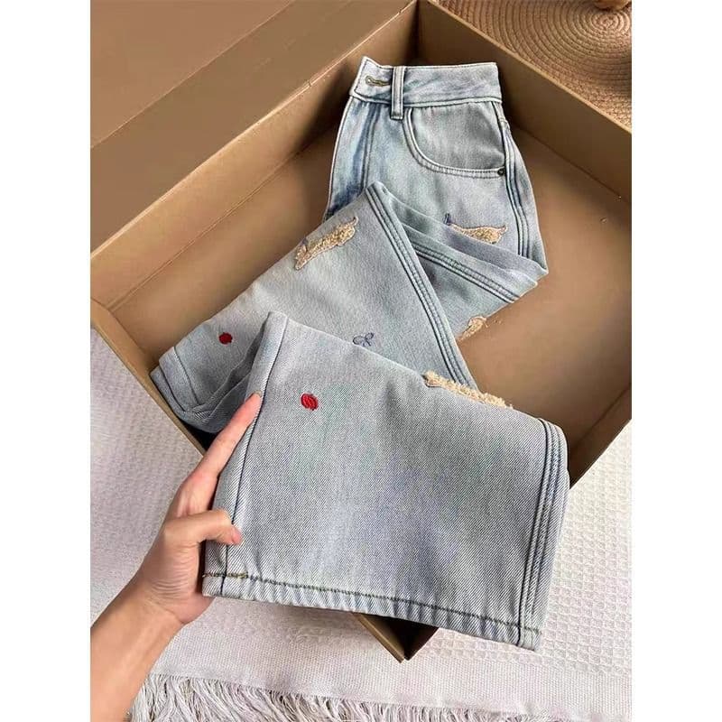 ​​Whimsical Puppy Embroidered High-Waisted Jeans – Korean Streetwear Straight-Leg Denim Pants (S-5XL, Distressed Hem, Light Wash)​​