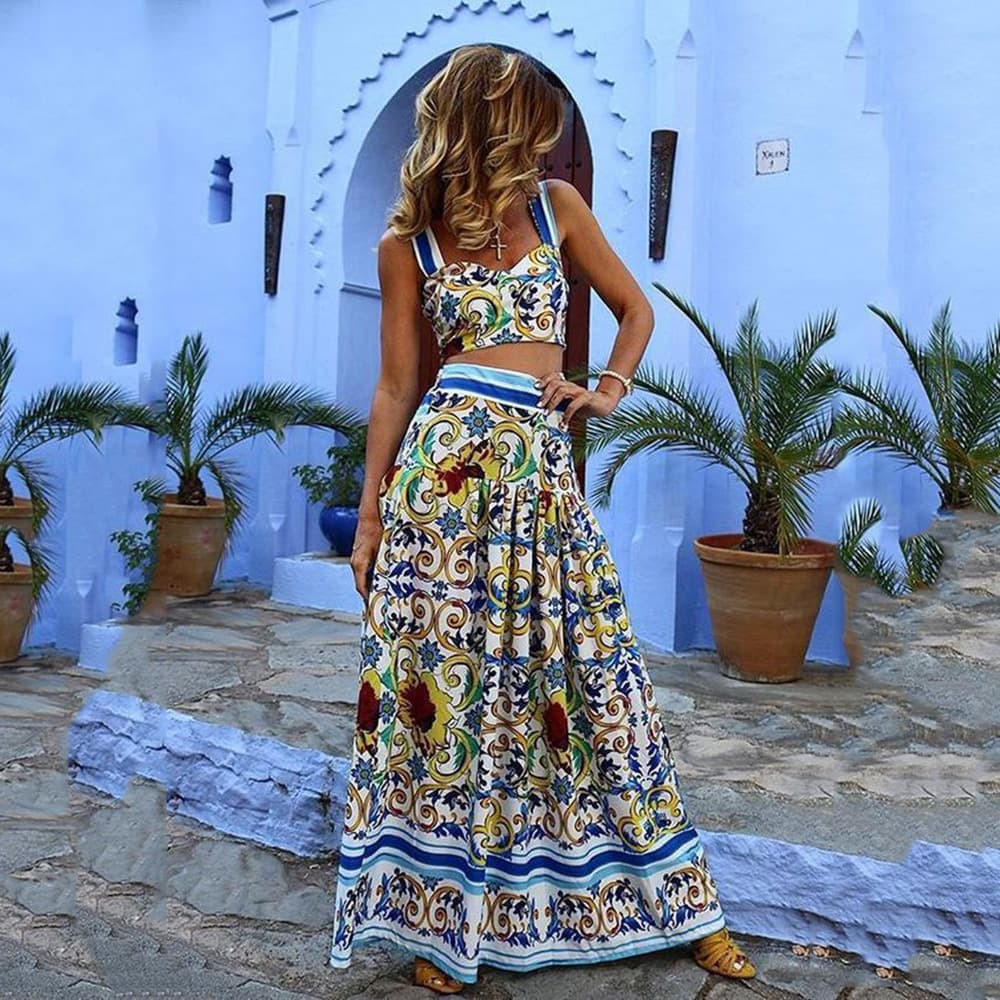 women's clothing sexy temperament suspender print dress suit beach skirt two-piece