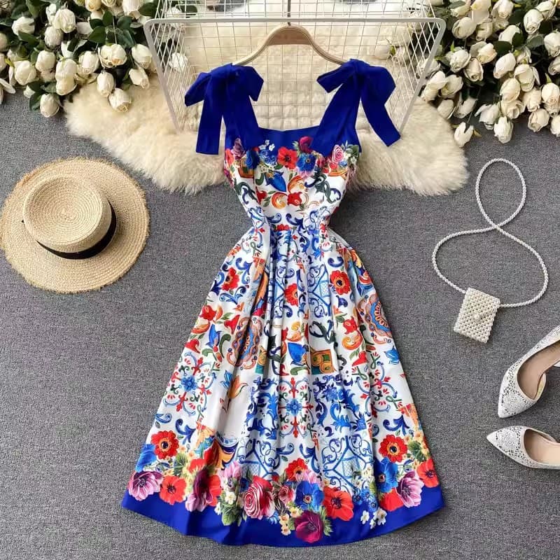Women's Light luxury small dress celebrity high-end new trend big brand printed age-reducing suspender dress women's summer wear