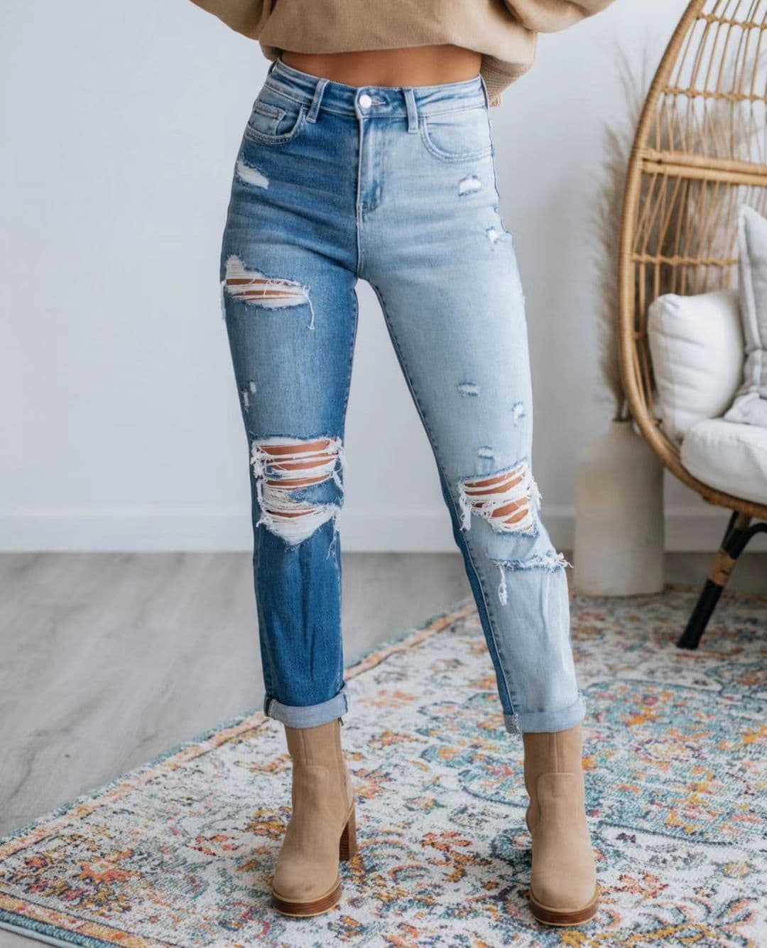 Women's Mixed-color Patchwork High-waisted Jeans