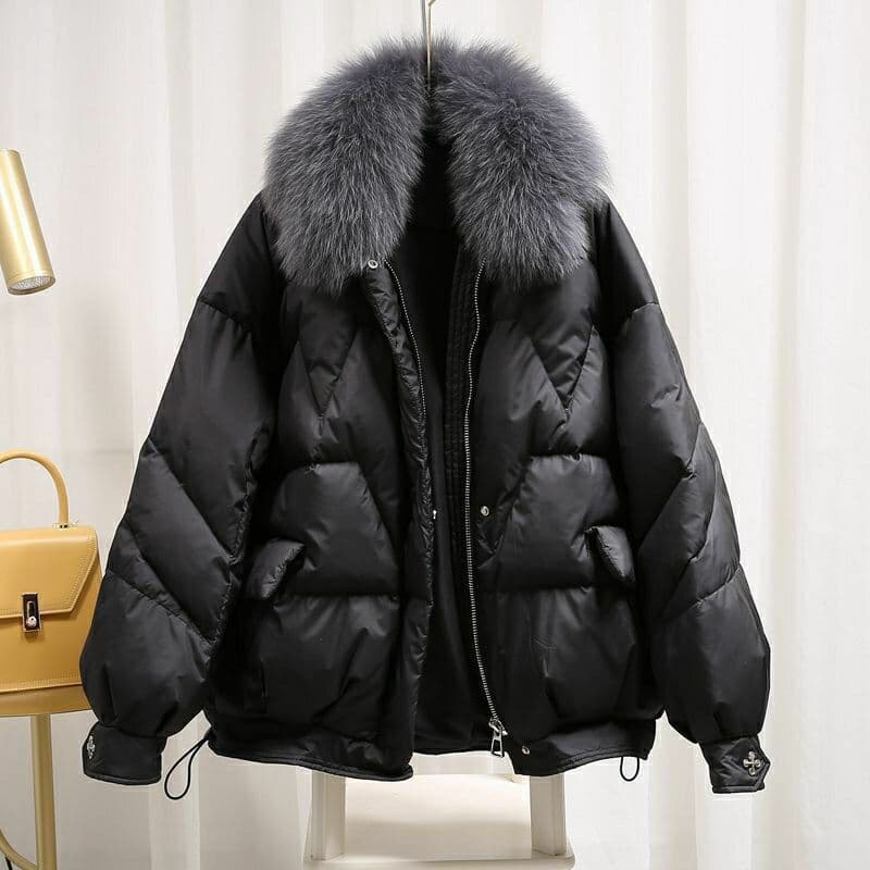 Women's Clothing Black Thick Woolen Collar Padded Jacket Loose With Long-Sleeved Padded Jacket