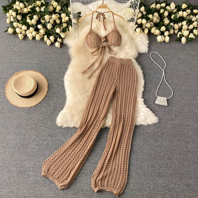 Women's Clothing Beach Vacation Suit Women's Summer Sexy Bikini Strappy Halter Neck Top Design Hollow Knitted Wide-leg Pants