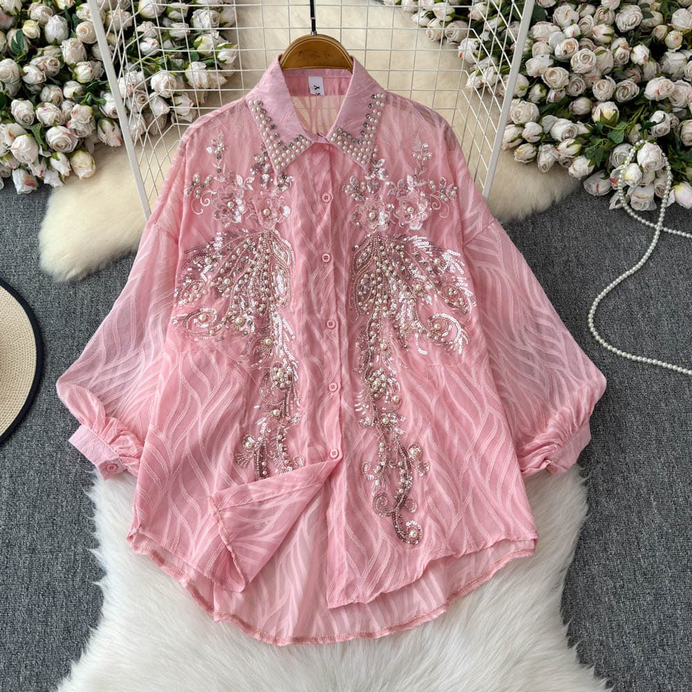Fashionable Shirt For Women Heavy Sequin Embroidery Diamond Studded Versatile High End Lantern Sleeve Slimming Top