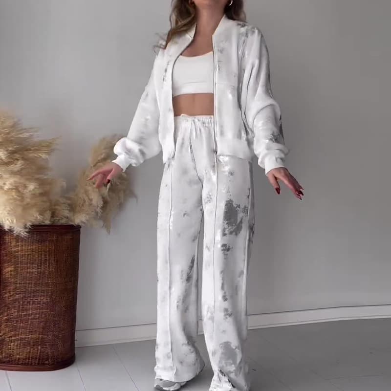 Women's fashion sequin printed zipper casual sweatshirt two-piece set
