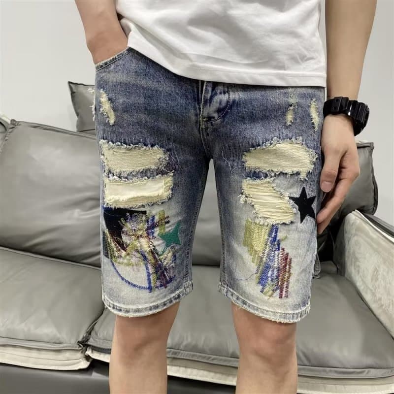 Men's Japanese Washed Denim Shorts – Distressed & Button-Detailed Casual Streetwear (28-36 Waist) – Loose Straight Cut For Summer​