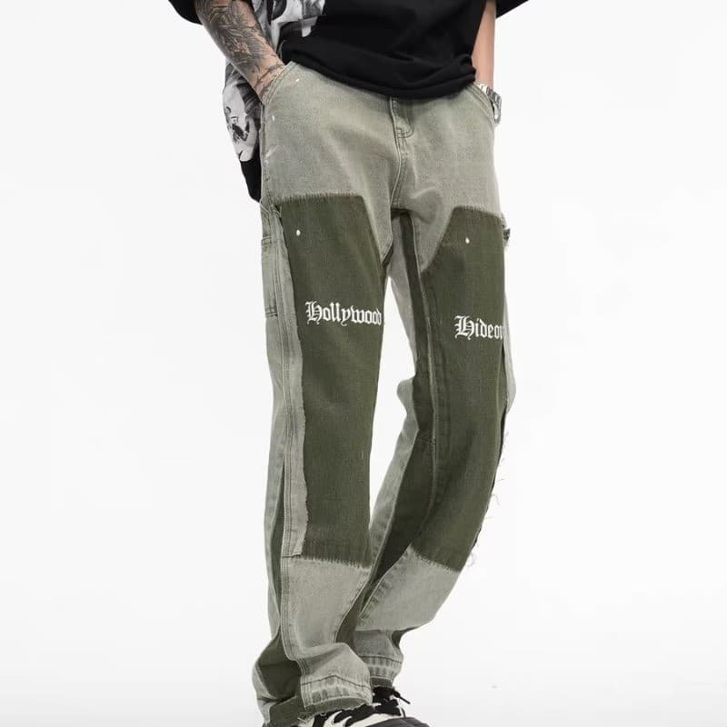 Men's High Street Style Heavy Washing Old Ink Splash Color Deconstruction Bell Bottom Pants Sub-Trend Personality Niche Stacked Jeans