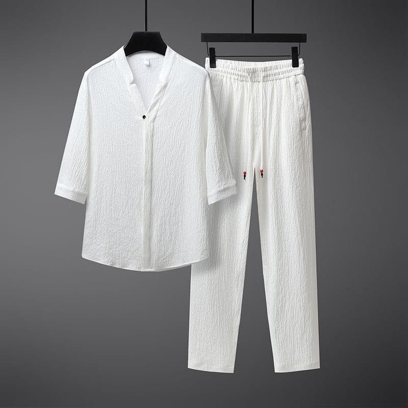 Men's Clothing for men in summer, ice silk Hanfu men's clothing, a set of handsome style men's clothing, cotton and linen short sleeves