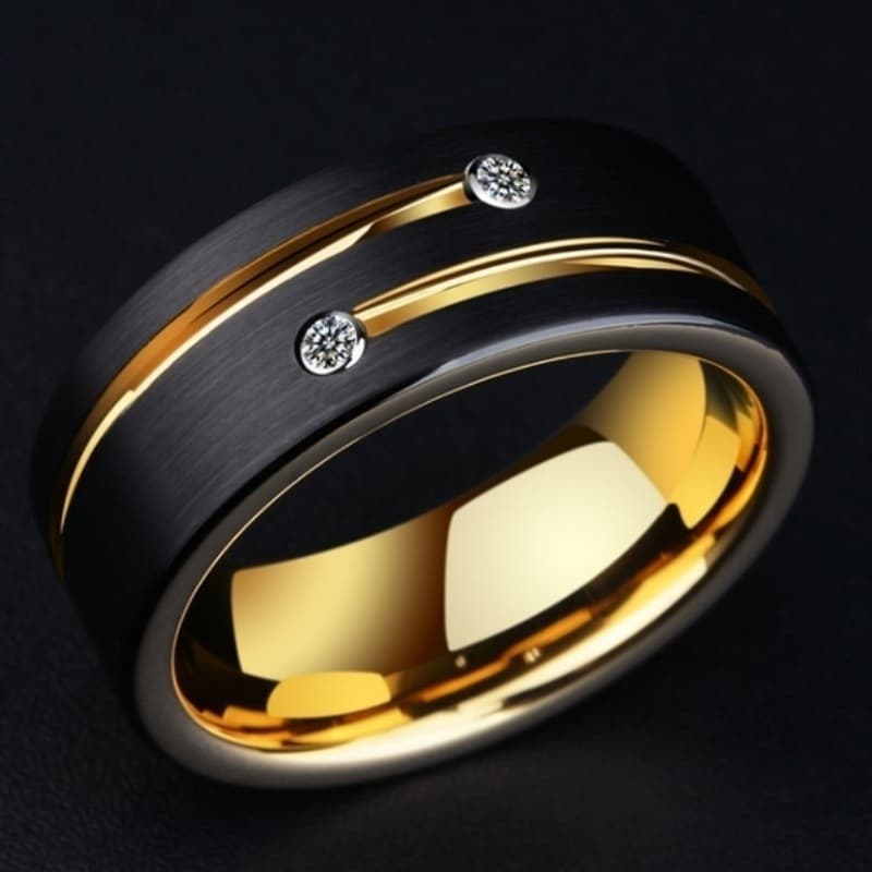 Europe and America Fashions Mens Black Stainless Steel Gold Color Lines Ring Crystal Band for Men's Party Jewelry Gift