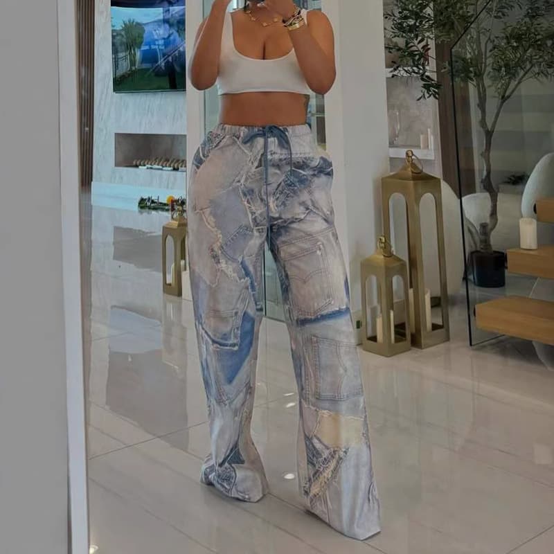 Women's Clothing Summer New Printed Denim Elastic Waist Drawstring Casual Loose Straight Pants